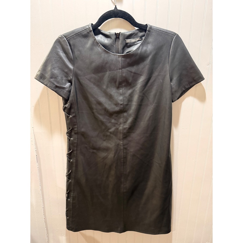 Zara Trafaluc Black Faux Leather Lace Up Side Mini Shift‎ Dress Small